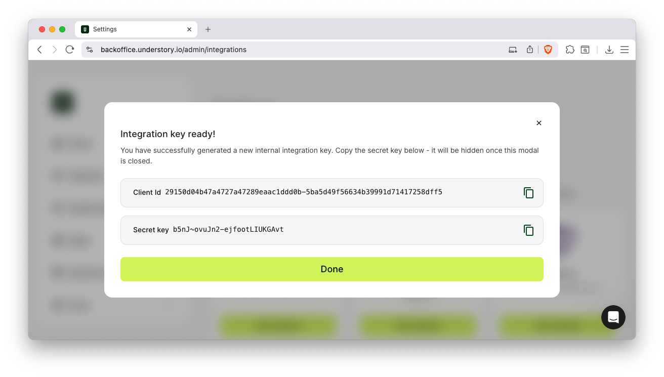 Backoffice: Internal Integration Key ready