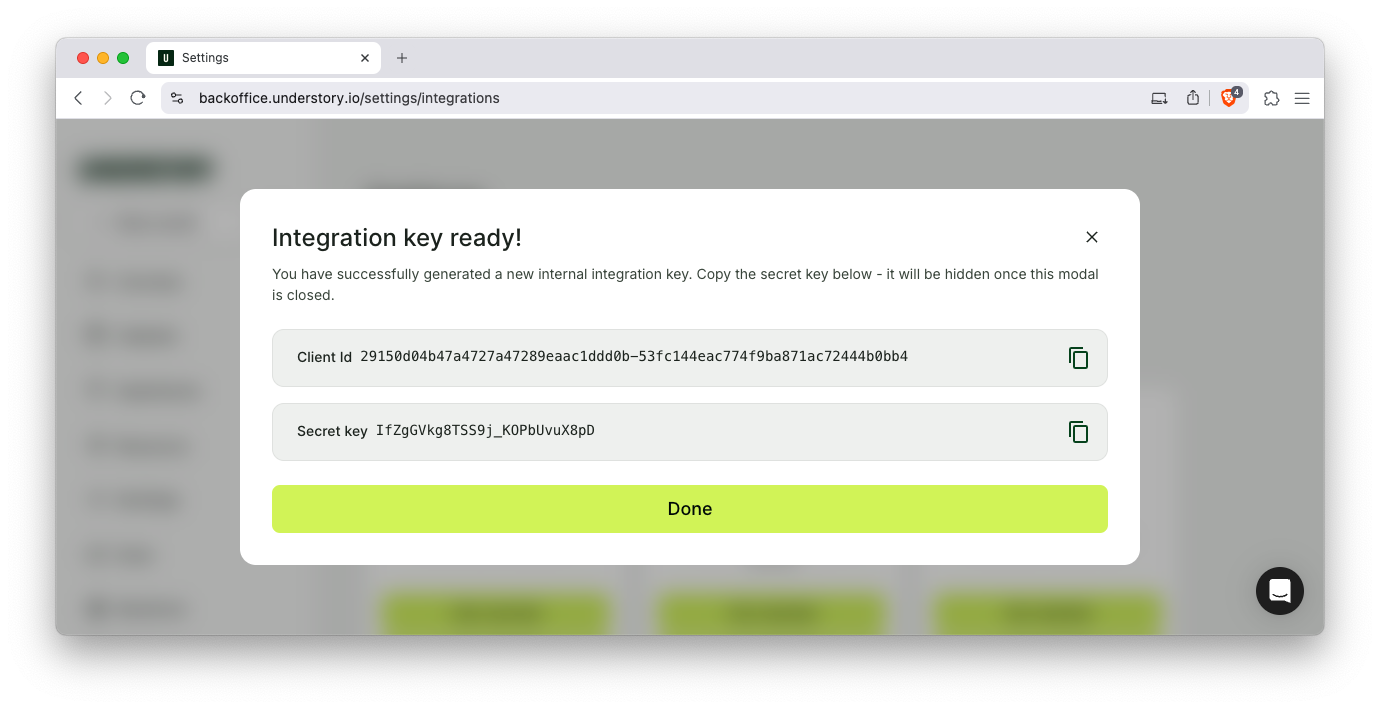 Backoffice: Internal Integration Key ready